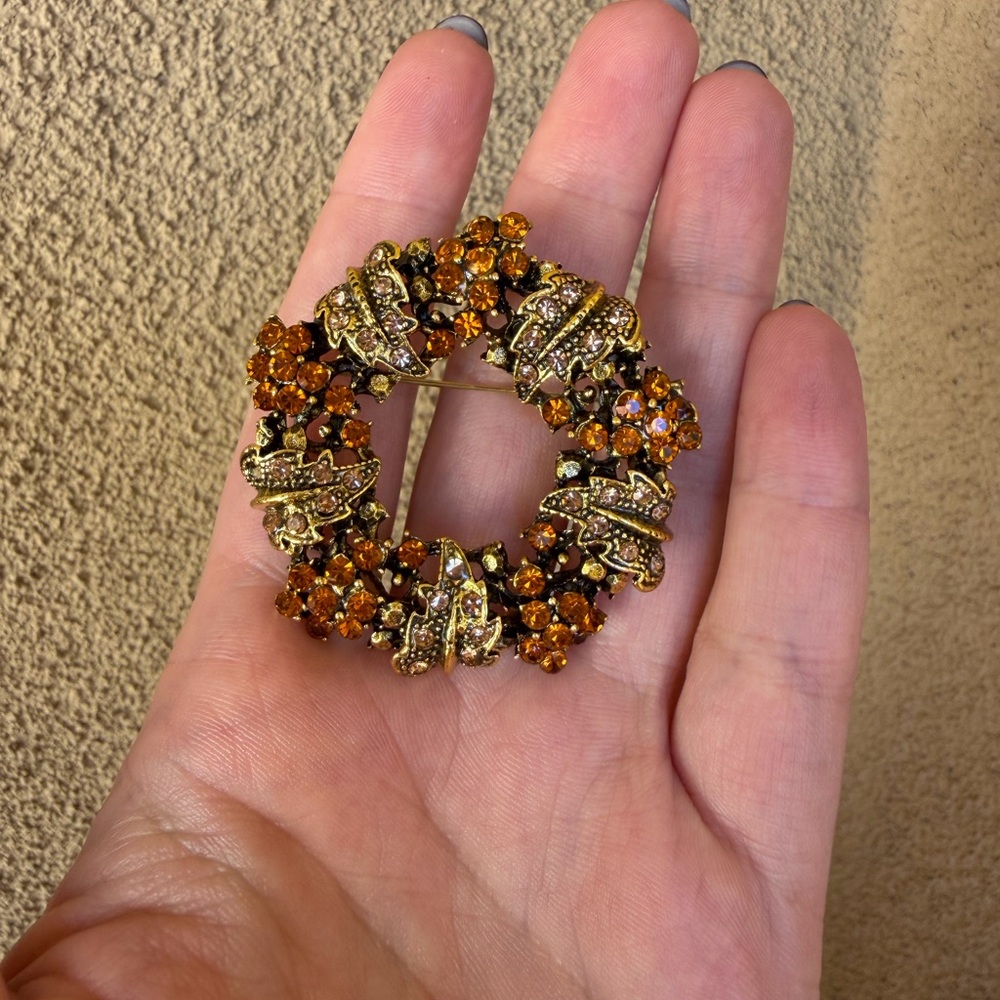 Holiday Wreath Brooch Orange and Gold Accents - Picture 4 of 5